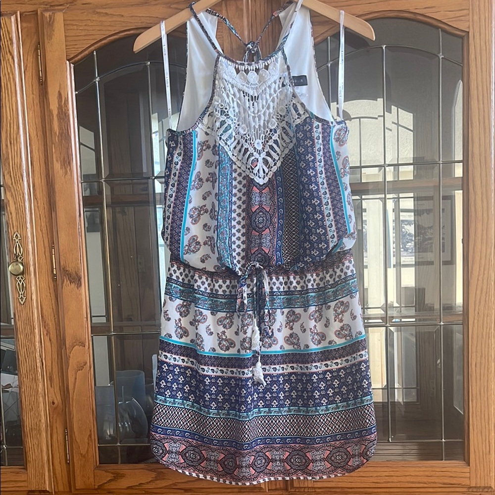 B Darlin Blue and White Patterned Mini Dress